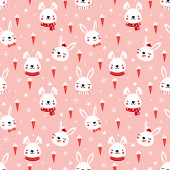 Seamless vector pattern with cute little bunnies in funny hats and scarfs, carrots and snowflakes on pink background. Cheerful print for kids textile, wrapping paper