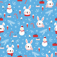 Cute winter pattern with smiling baby bunnies, snowman and gifts on blue background. Funny Christmas print for kids textile, wrapping paper