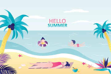 Fototapeta na wymiar Hello summer, horizontal banner. Happy kids swims in sea, mom sunbathing. View of the tropical beach. Family vacation. Summertime, hot exotic resort with palm trees, sand and ocean.