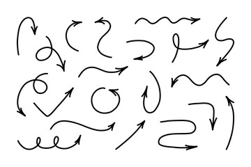 Hand drawn stylish thin arrows of various shapes with curves and loops.