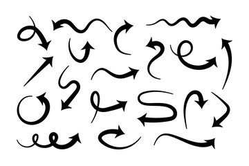 Stylish, hand drawn, variable thickness arrows of various shapes with curves and loops.