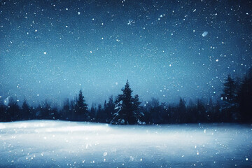 winter landscape with snow and trees, snowfall, snowy, starry blue sky 