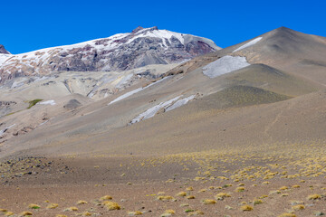 View of the landscape at Paso Vergara / Paso del Planchón in Argentina while climbing up to the complex of the three volcanos Azufre, Peteroa and Planchón 