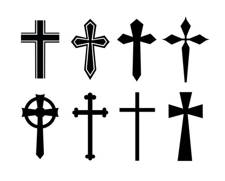 Christian silhouette cross isolated on white background. Collection of crosses Vector stock