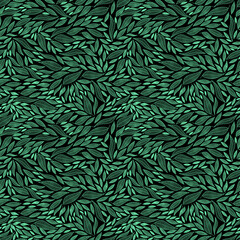 Naklejka na ściany i meble Vector illustration. Seamless pattern of green leaves on a black background. Print for textiles, for packaging, product design.