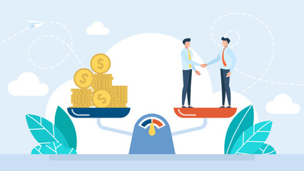 Business ethics concept. Principles and rules of company, responsible business. Balance between partnership and money Moral aspect over finance. Partnership and collaboration. Vector illustration