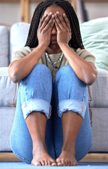 Black woman, hands and face sitting on floor depression and crying for help from stress, anger and worry. Frustrated, mad and angry or sad depressed girl with mental health anxiety and tried in home - obrazy, fototapety, plakaty
