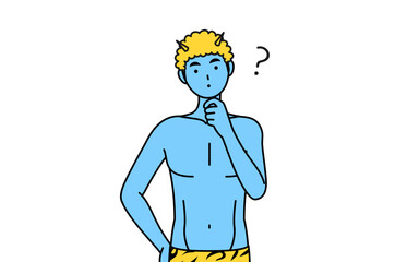 疑問を持つトラ柄パンツをはいた青鬼の男性、伝統行事、節分