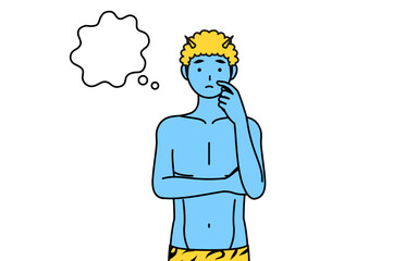 顔をかきながら考えるトラ柄パンツをはいた青鬼の男性、伝統行事、節分