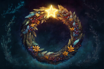 Winter Wreath at Night with Shining Star Holiday Greeting Card Style Painting, winter solstice  Generative AI