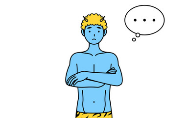 腕を組んで考えるトラ柄パンツをはいた青鬼の男性、伝統行事、節分