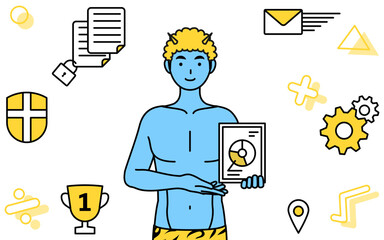 DX化のイメージ、デジタル技術を利用して業務改善を行うトラ柄パンツをはいた青鬼の男性、伝統行事、節分