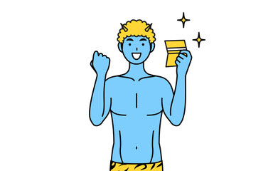 預金通帳を見て喜ぶトラ柄パンツをはいた青鬼の男性、伝統行事、節分