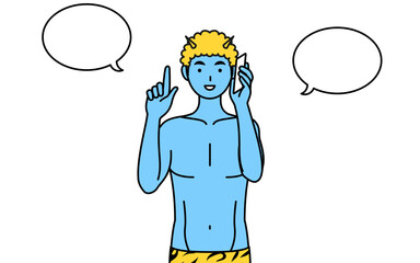 電話をしながら指さしをするトラ柄パンツをはいた青鬼の男性、伝統行事、節分