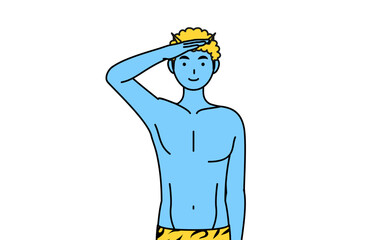 軍隊式敬礼するトラ柄パンツをはいた青鬼の男性、伝統行事、節分