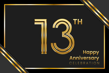 13th Anniversary. Anniversary Template Design With Golden Text, Vector Template Illustration