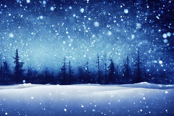 Fototapeta premium winter landscape with snow and trees, snowfall, snowy, starry blue sky 