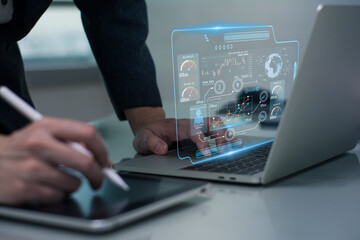 Concept data science analytics business Intelligence or BI, businessman using laptop computer,marketing deep learning AI,technology profit analytic,online marketing information digital report solution