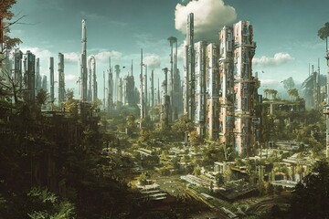 dystopian concept art of a futuristic city landscape in a cyberpunk themed sci fiction universe on a forest planet, Generative AI