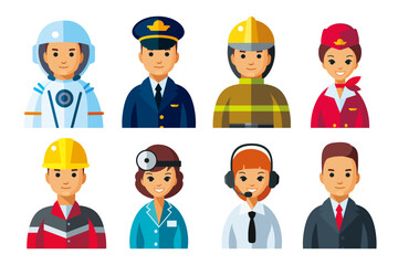Vector set of different professions man and woman. Men and women cartoon characters in uniform isolated. Occupations avatars, icons flat illustration.