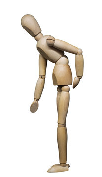 Jointed wooden figure posed as if bent forward in pain with one hand on back or hip
