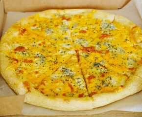 cheese pizza in a paper box. the concept of delivery of dishes.