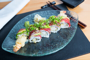 Ebi Uramaki Sushi. Sushi rice combined with premium prawns.