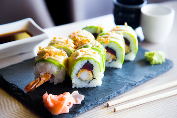 Ebi Uramaki Sushi. Sushi rice combined with premium prawns.