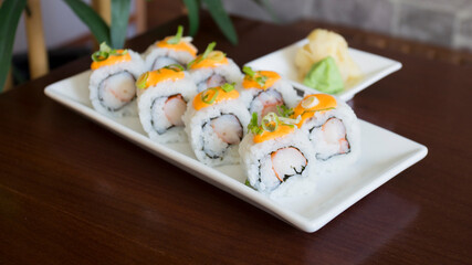 Ebi Uramaki Sushi. Sushi rice combined with premium prawns.