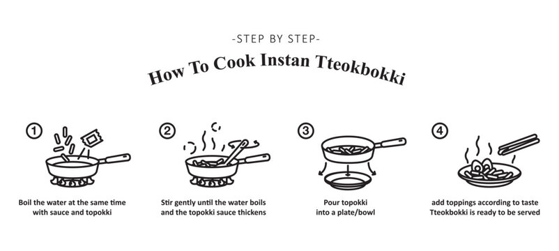 Topokki (Tteokbokki) Korean rice cake. Vector illustration of making instant topokk, step by step how to cooking instant topokki. Vector illustration.