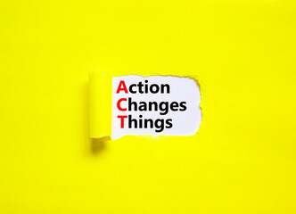 ACT action changes things symbol. Concept words ACT action changes things on white paper on a beautiful yellow background. Business and ACT action changes things concept. Copy space.