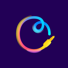 O letter logo made of vivid gradient line wire with mini jack icon and rainbow shine.