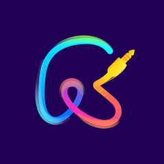 Obraz premium R letter logo made of vivid gradient line wire with mini jack icon and rainbow shine.