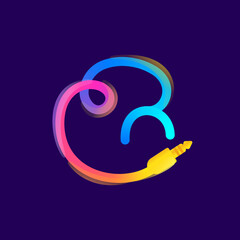Obraz premium G letter logo made of vivid gradient line wire with mini jack icon and rainbow shine.
