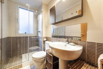 Bathroom With wooden furniture with integrated mirror hanging on the wall, smooth walls and with dark tiles on the middle of the wall and the shower cabin