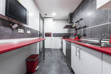 Conventional kitchen of an urban house with red and white wood furniture with matching appliances,...