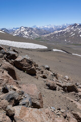 View of the breathtaking landscape at Paso Vergara / Paso del Planchón in Argentina while climbing up to the complex of the three volcanos Azufre, Peteroa and Planchón 