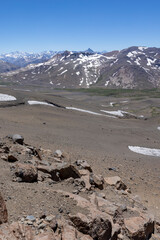 View of the breathtaking landscape at Paso Vergara / Paso del Planchón in Argentina while climbing up to the complex of the three volcanos Azufre, Peteroa and Planchón 