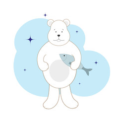 Cute cartoon white bear with a fish in its paw. Vector illustration