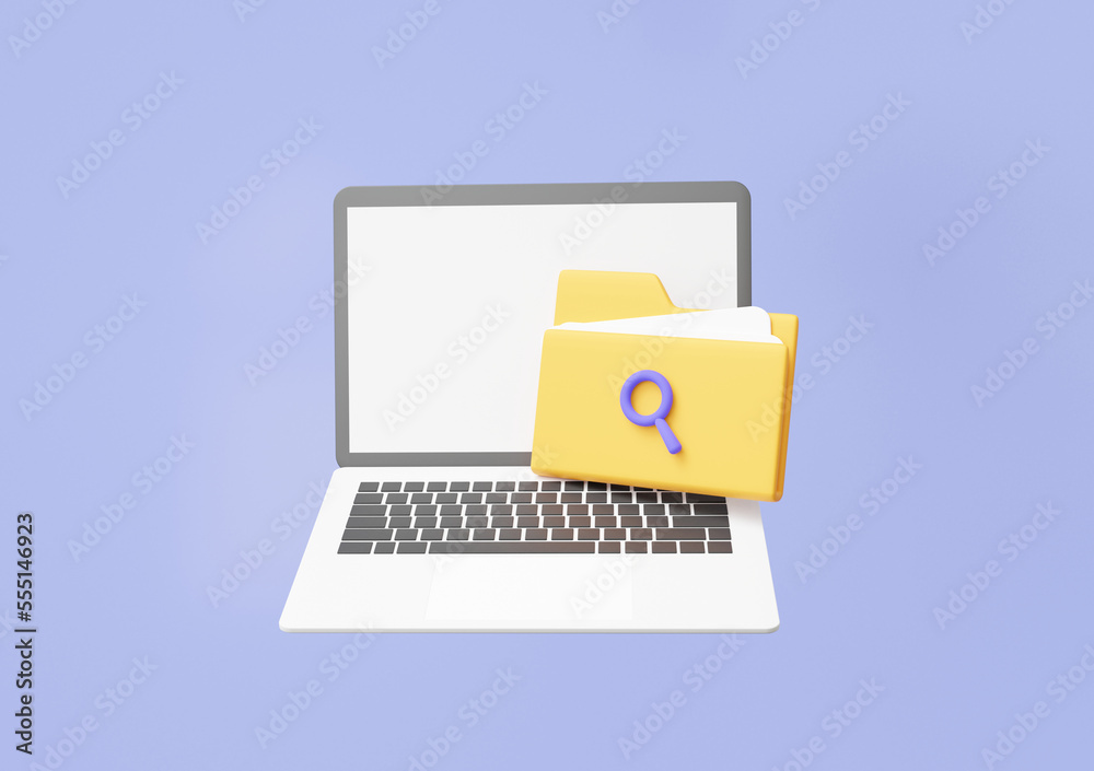 Poster cartoon minimal style computer laptop mack up folder document icon floating on purple background. se