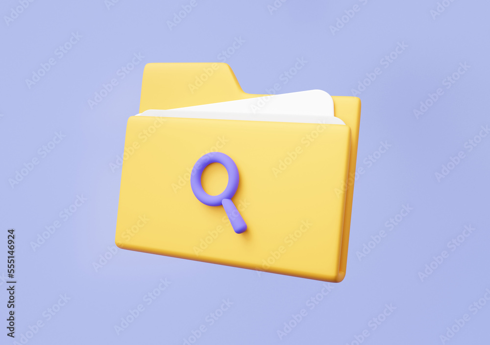 Poster 3d folder document icon floating on purple background. search file storage database via magnifier. w
