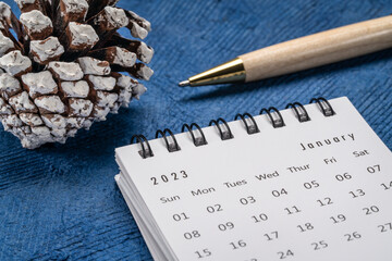 January 2023 - small spiral desktop calendar with a stylish pen  and a decorative frosty pine cone...