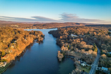 Winter drone shot of NJ lake