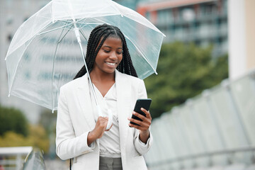 Business, black woman and smartphone, city and rain with umbrella, insurance with communication and...