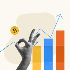 Contemporary art collage. Creative design. Male hand showing Ok gesture over business graph going up. Financial growth