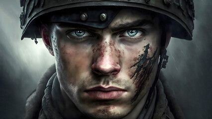 dramatic closeup facial portrait of dirty caucasian soldier in helmet, neural network generated art. Digitally generated image. Not based on any actual person, scene or pattern.