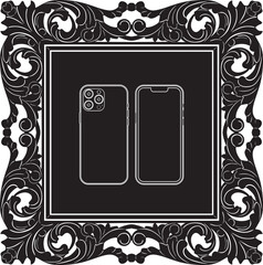 Smartphone illustration with vintage frame black silhouette