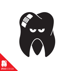 Annoyedly looking tooth with band aid vector glyph icon. Toothache and pain conceptual symbol.