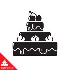 Chocolate cake with cream and cherries on top glyph icon. Sweet food vector symbol.