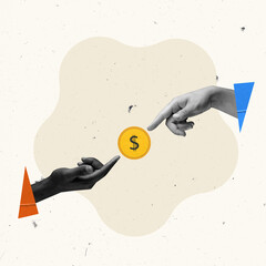 Contemporary art collage. Creative design. Human hands reaching coin symbolizing online financial...